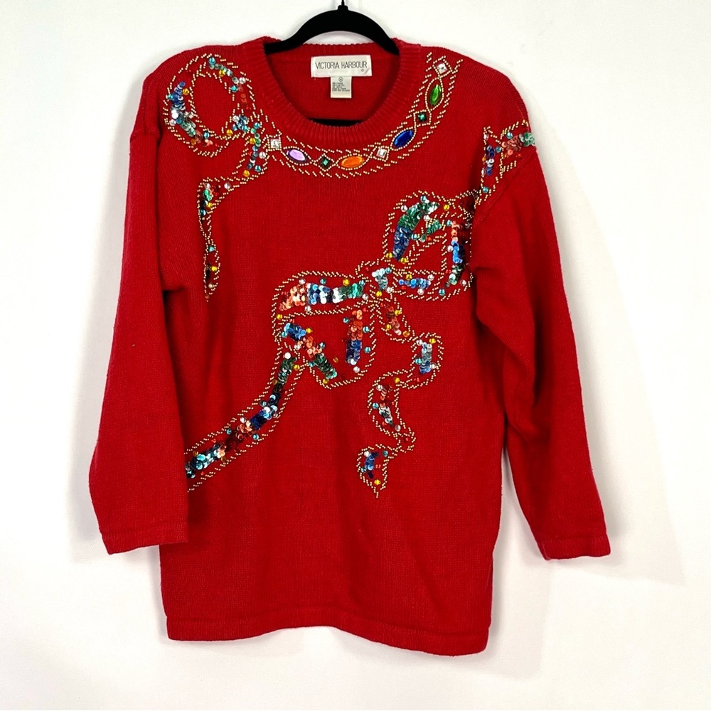 Vintage Victoria Harbour Red Sequin Jewel Embellished Christmas Bow Sweater Sz M